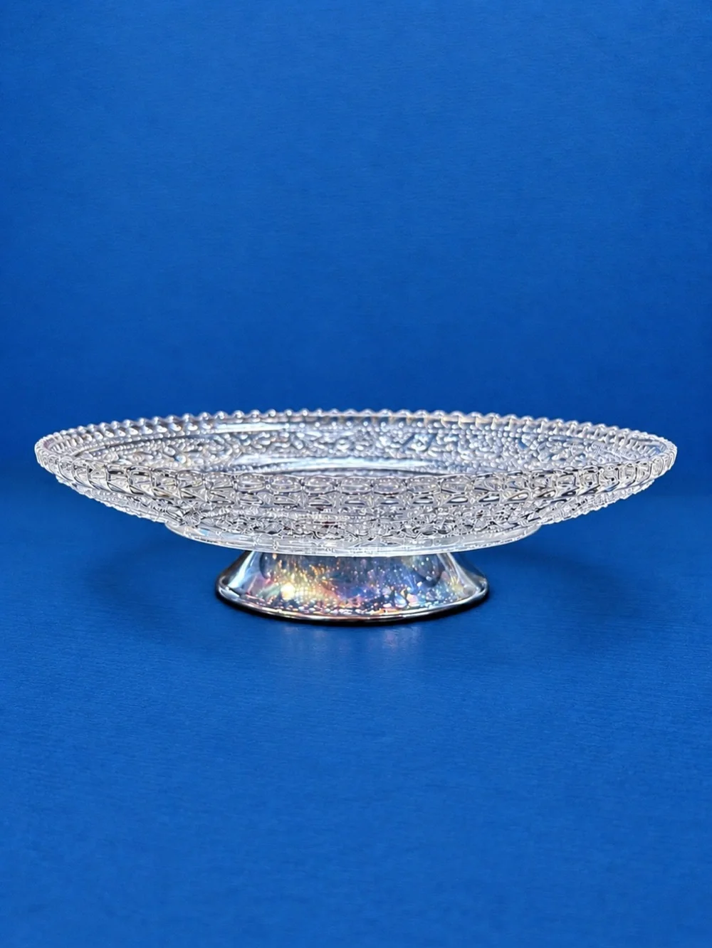 Pressed Glass Pedestal Serving Dish Ornate Scalloped Edge Clear Glass-Vintage